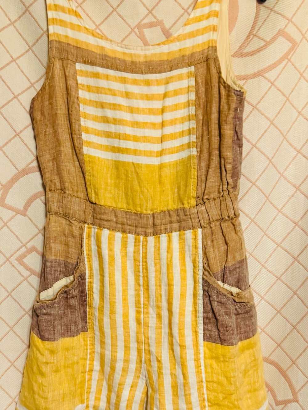 Anthropologie Yellow & Brown Striped Linen Jumpsuit Romper - Picture 3 of 6
